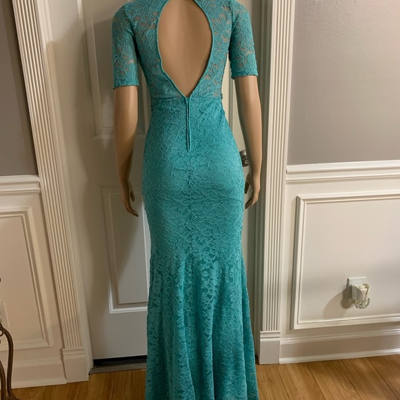 Women junior blue green lace bodycon mermaid maxi dress size (S) zipper back - Picture 14 of 14